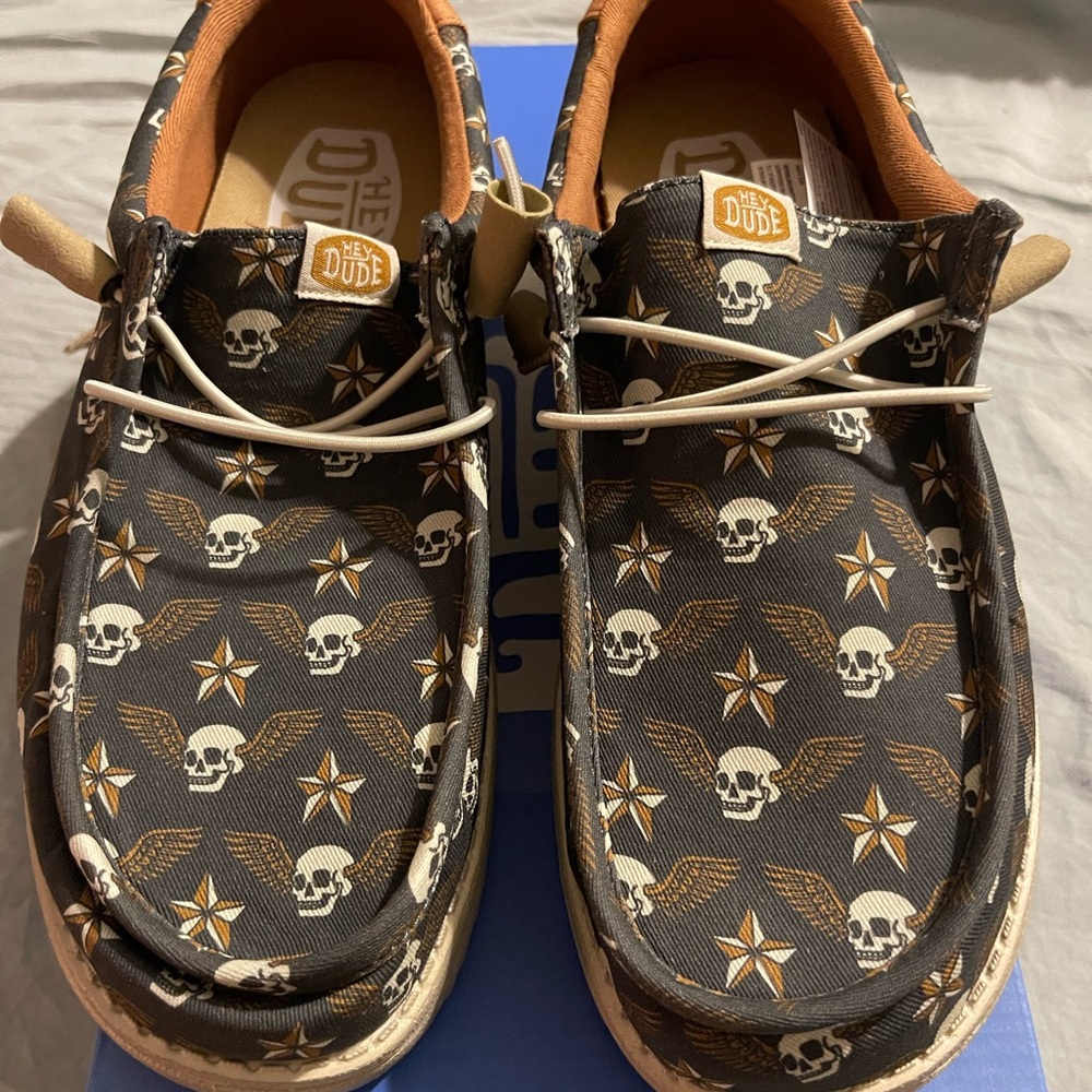 Hey Dude White and Navy Blue Moccasins with Canvas Comfort